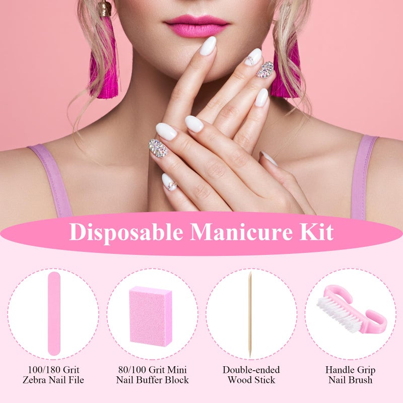 Leriton 100 Sets Professional Disposable Manicure Kit Basics 4 Piece Nail Kit Wood Nail File 100/180 Grit, Mini Buffer 80/100 Grit, Wood Stick and Handle Grip Brush Gifts(Pink) - Image 3